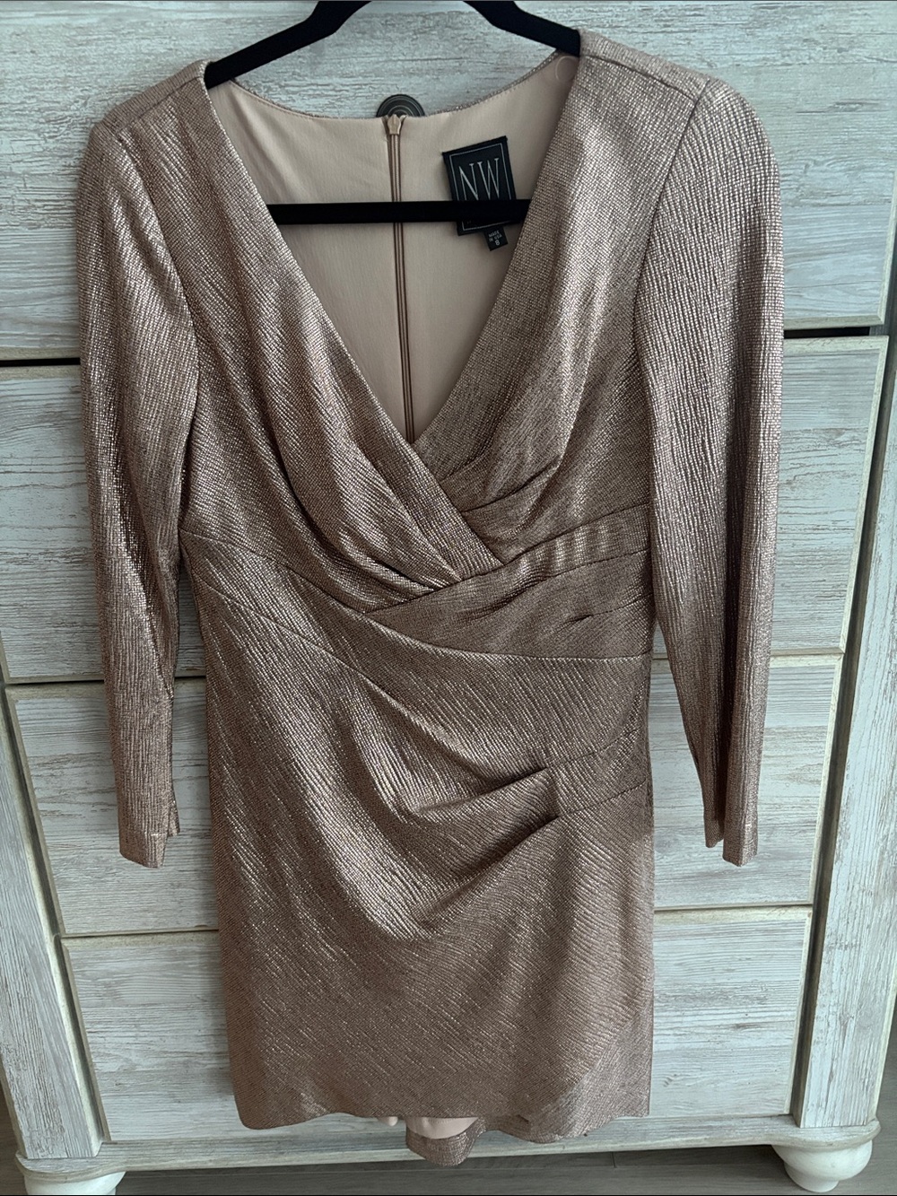 Night Way Collections Metallic Rose Gold Long Sleeve Draped Dress